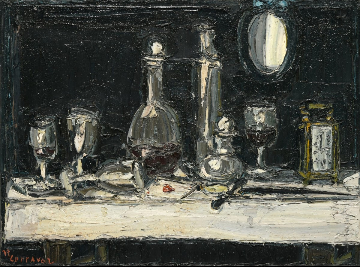 André Cottavoz, "black Still Life", Large Oil On Canvas, Signed. 