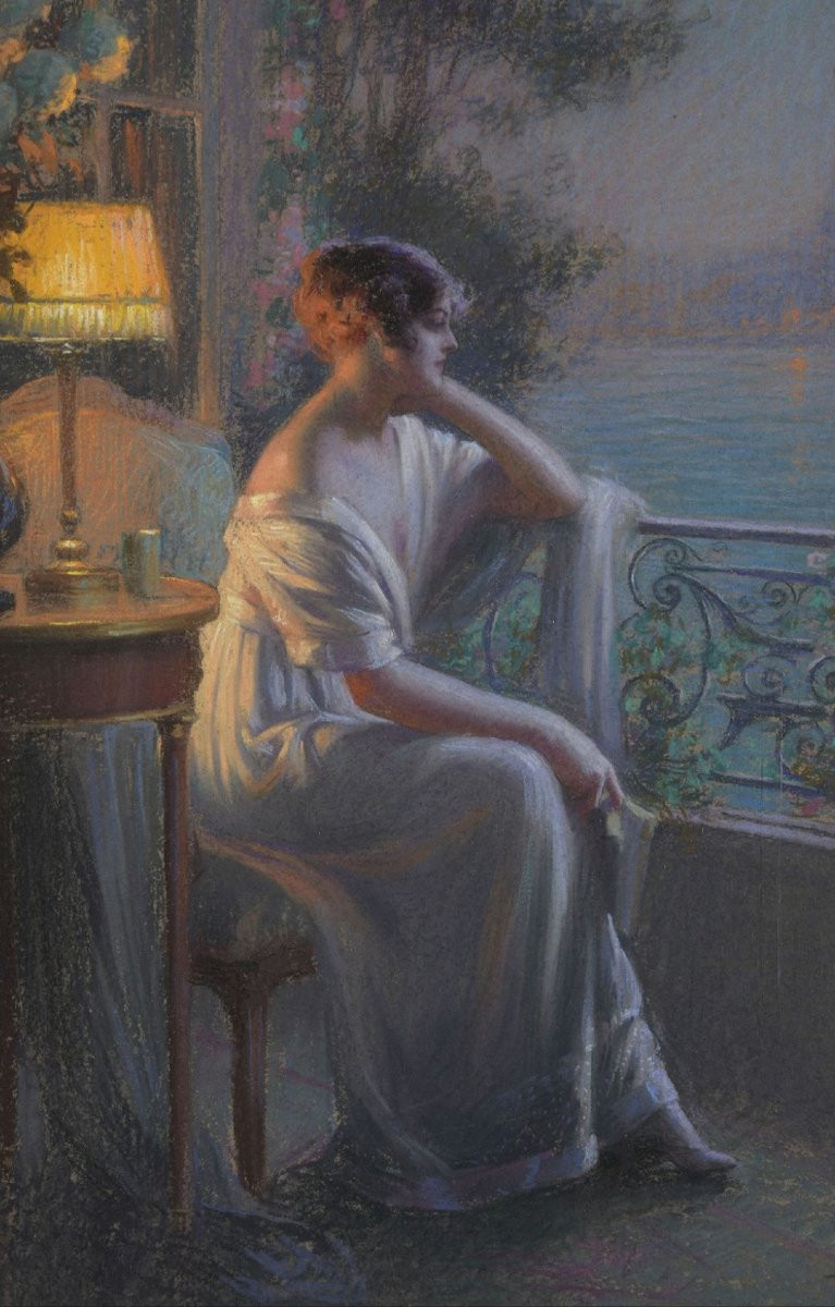 Delphin Enjolras, "reverie", Signed Pastel. -photo-4
