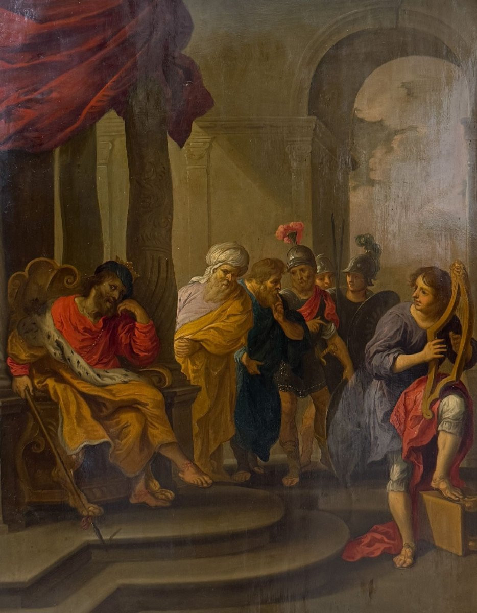Erasmus Quellinus Ii, David Playing The Harp Before Saul, 17th Century Oil On Copper.-photo-2