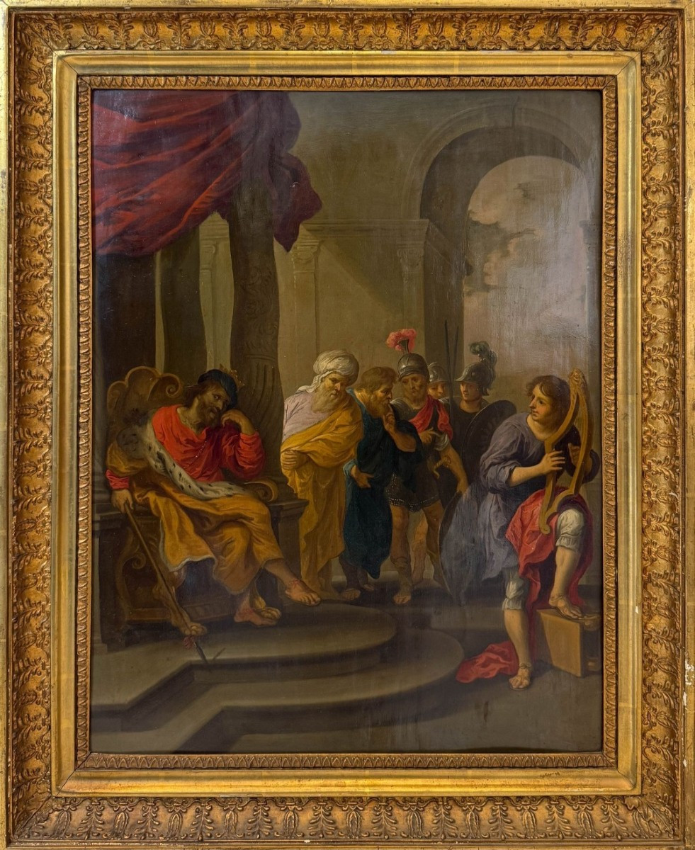 Erasmus Quellinus Ii, David Playing The Harp Before Saul, 17th Century Oil On Copper.