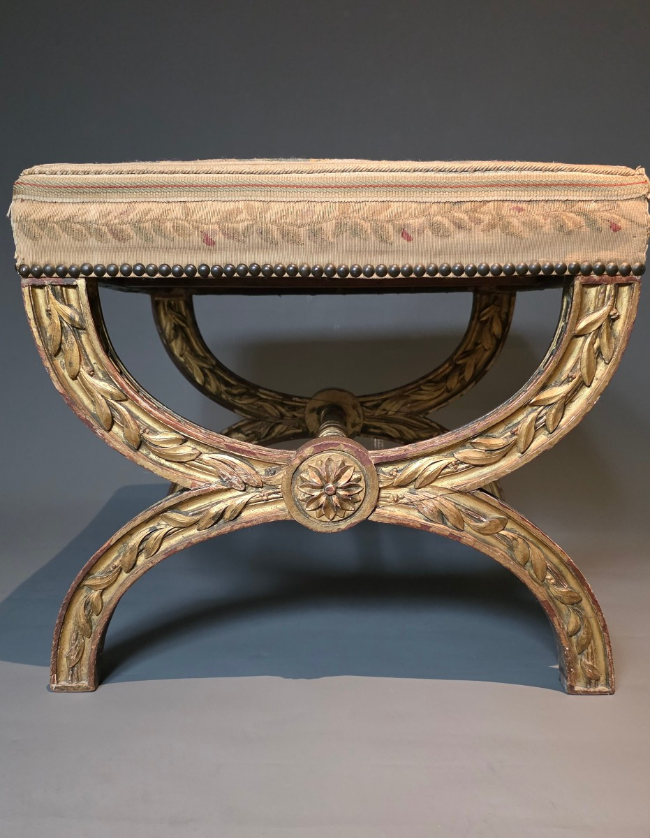 Louis XVI Period Curule Stool. Aubusson Tapestry.