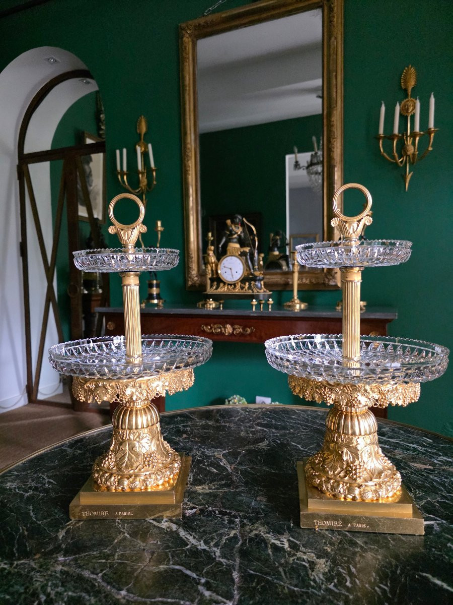 Pair Of Display Stands In Gilt Bronze And Crystal, Signed "thomire à Paris".-photo-3