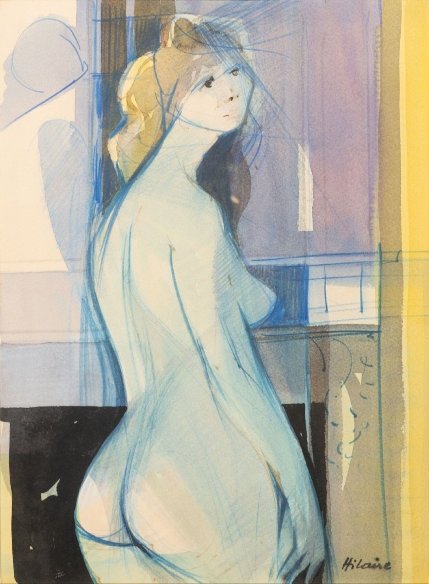 Camille Hilaire:"Nu bleu de dos", aquarelle signée. 