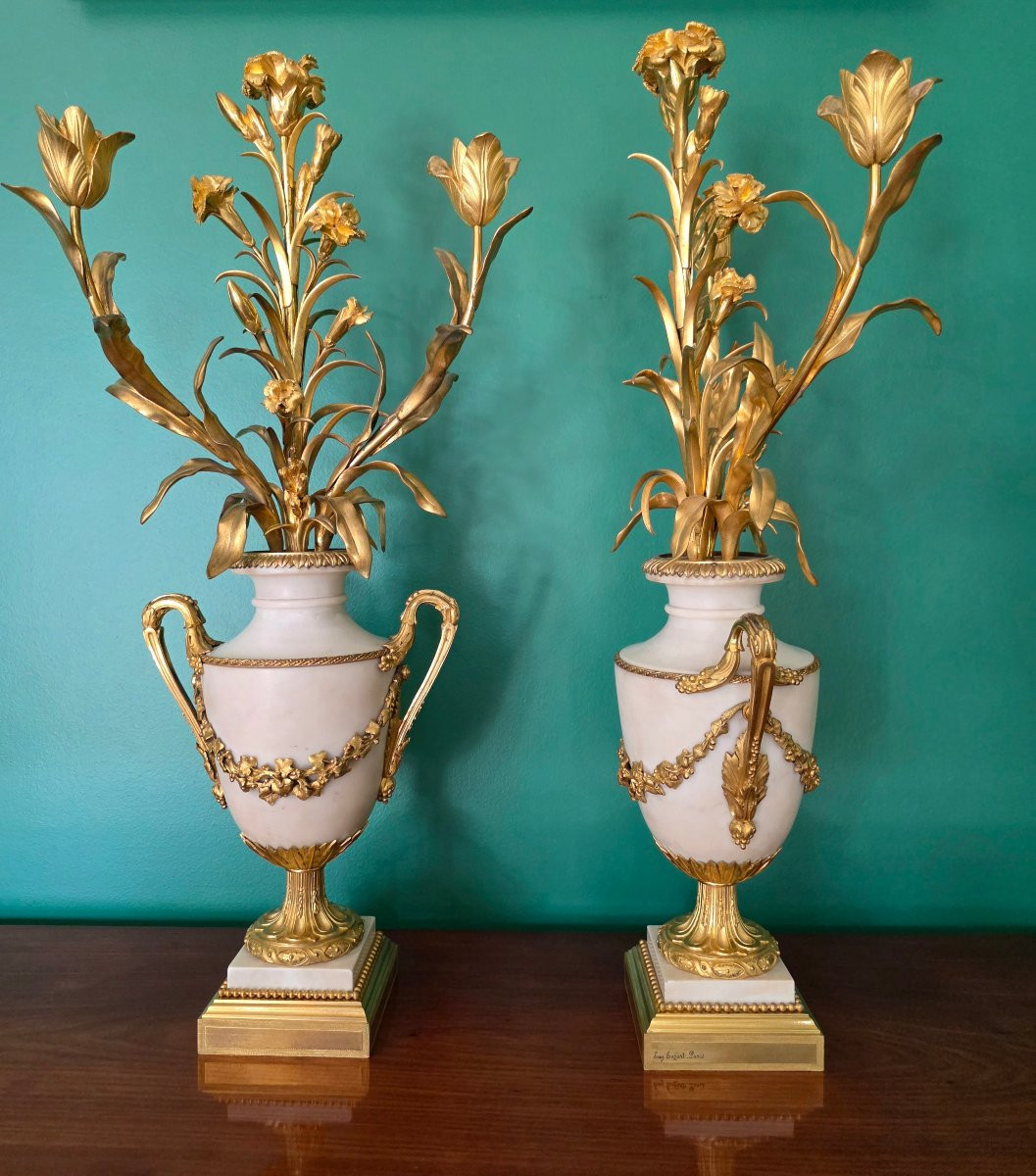 Signé Eugène Hazart. Grands Candélabres aux Bouquets. 70 cm.-photo-2