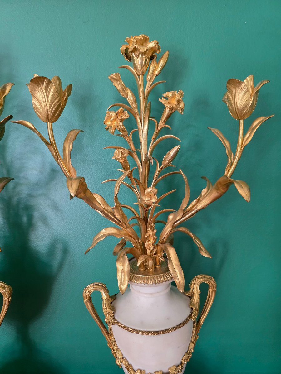 Signé Eugène Hazart. Grands Candélabres aux Bouquets. 70 cm.-photo-3