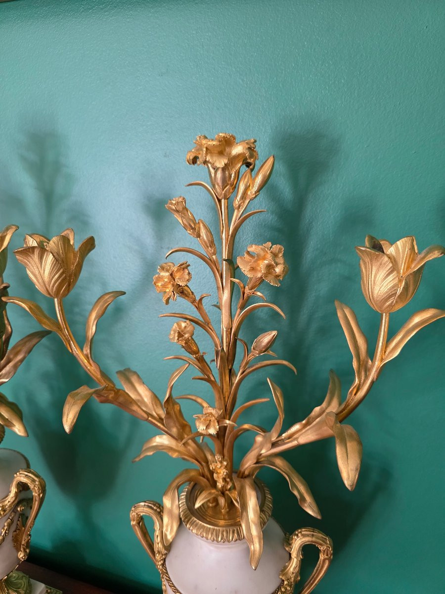 Signé Eugène Hazart. Grands Candélabres aux Bouquets. 70 cm.-photo-4