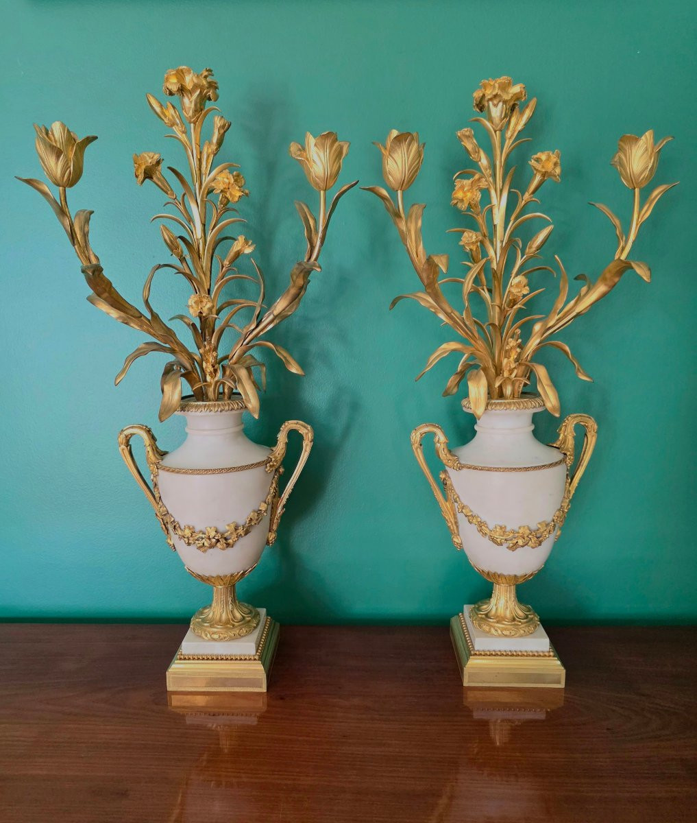 Signé Eugène Hazart. Grands Candélabres aux Bouquets. 70 cm.-photo-5