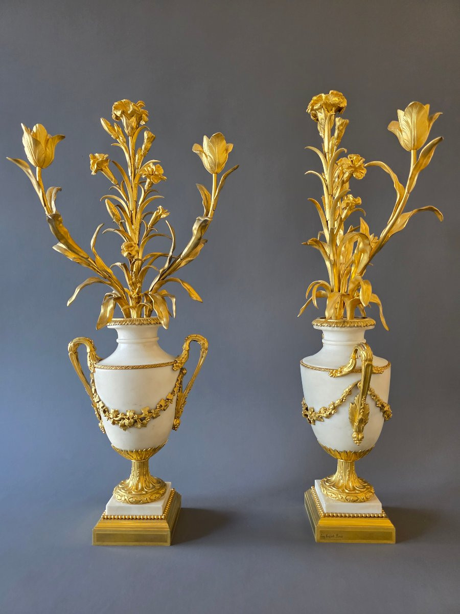 Signé Eugène Hazart, Grands Candélabres aux bouquets. 70 cm.-photo-3