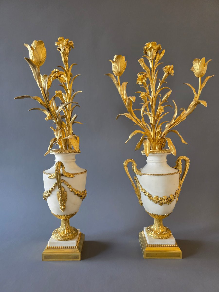 Signé Eugène Hazart, Grands Candélabres aux bouquets. 70 cm.-photo-4