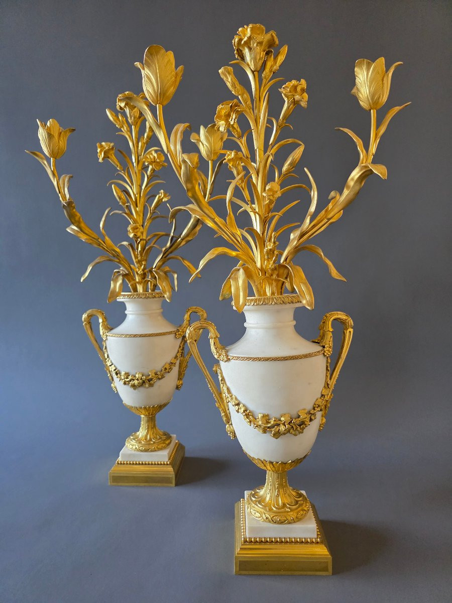 Signé Eugène Hazart, Grands Candélabres aux bouquets. 70 cm.-photo-1