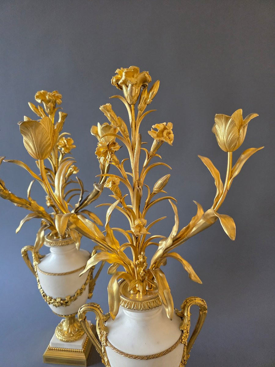 Signé Eugène Hazart, Grands Candélabres aux bouquets. 70 cm.-photo-2