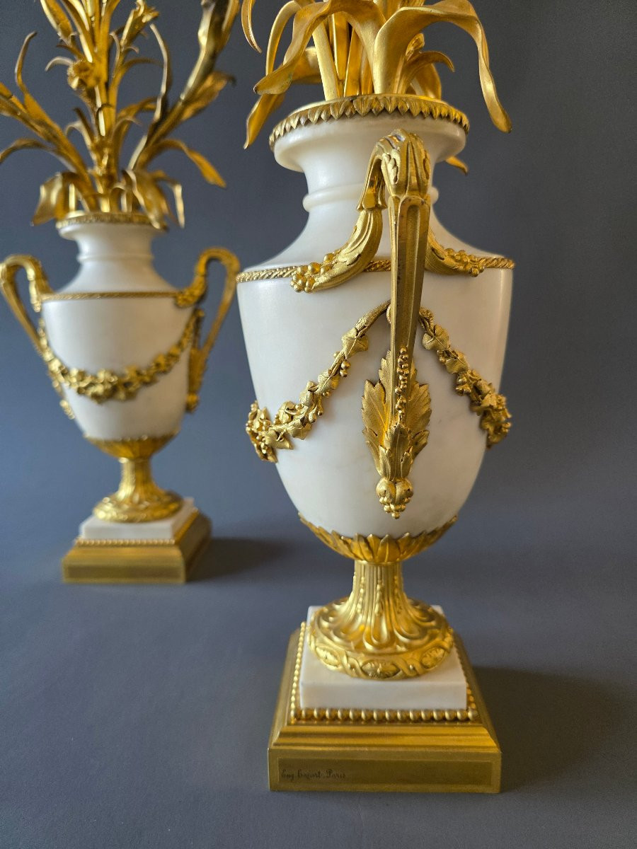 Signé Eugène Hazart, Grands Candélabres aux bouquets. 70 cm.-photo-4