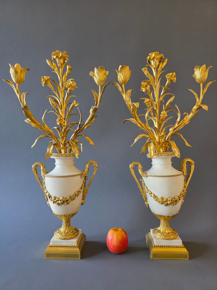 Signed Eugène Hazart, Large Candelabra With Bouquets. 70 Cm.-photo-1
