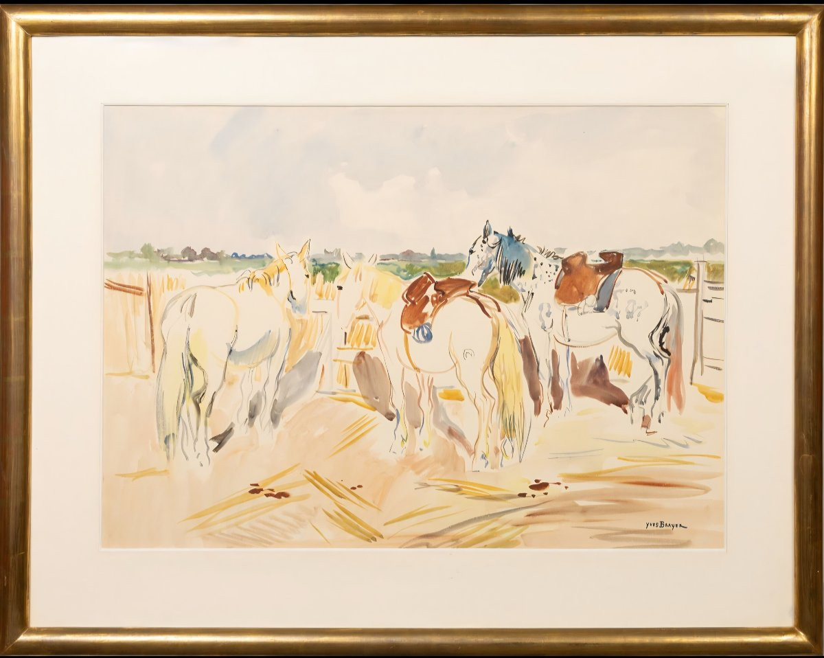 Yves BRAYER "Chevaux en Camargue",Grande aquarelle originale signée. 75cm/55cm.-photo-2