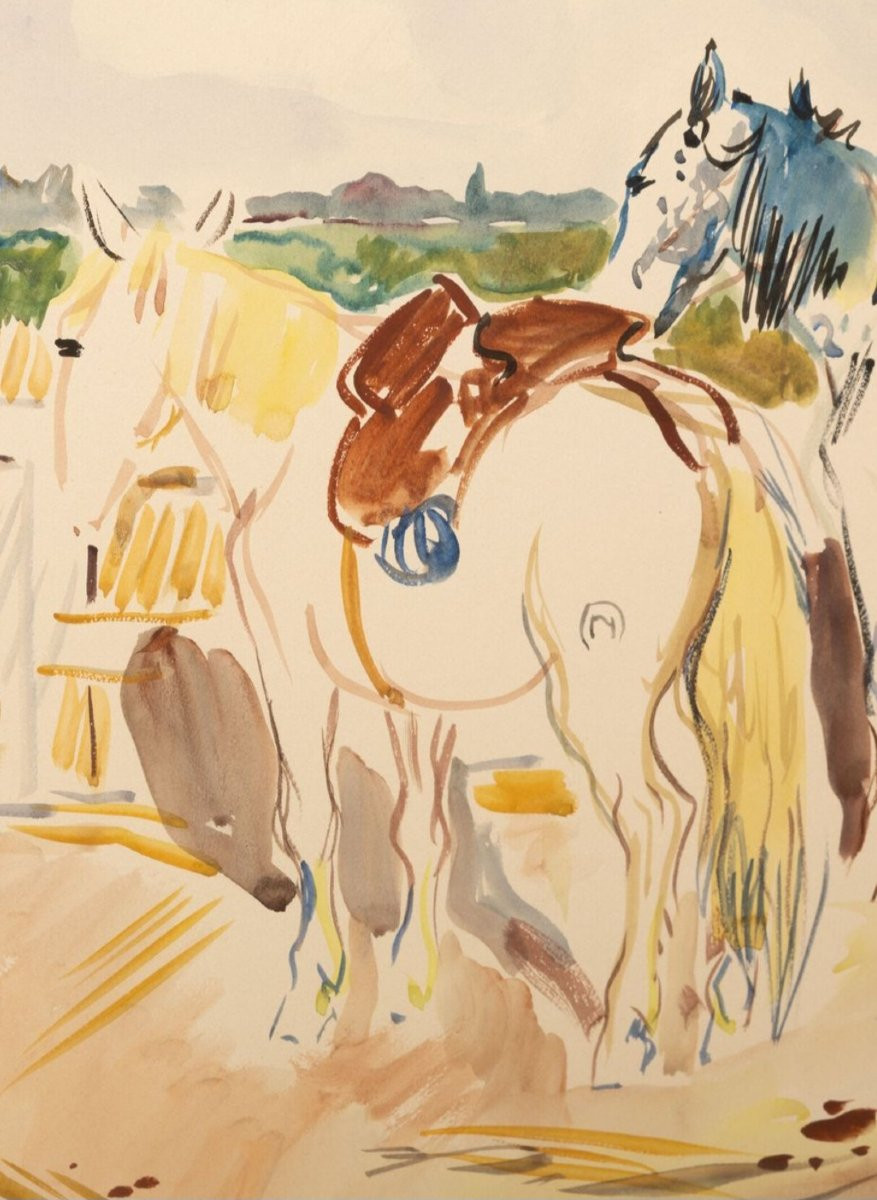 Yves BRAYER "Chevaux en Camargue",Grande aquarelle originale signée. 75cm/55cm.-photo-1