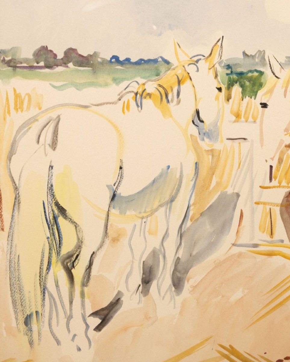 Yves BRAYER "Chevaux en Camargue",Grande aquarelle originale signée. 75cm/55cm.-photo-2