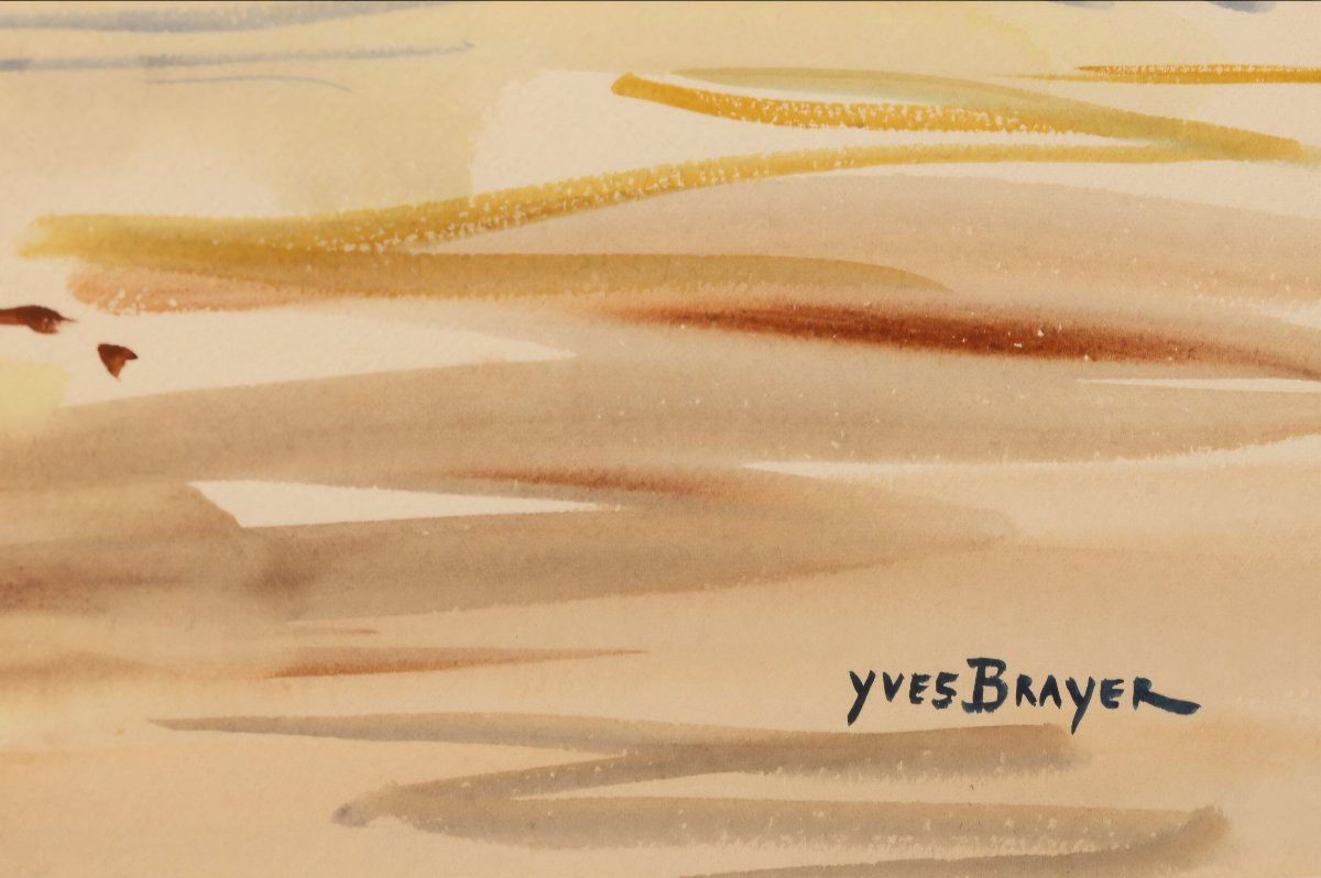 Yves BRAYER "Chevaux en Camargue",Grande aquarelle originale signée. 75cm/55cm.-photo-3
