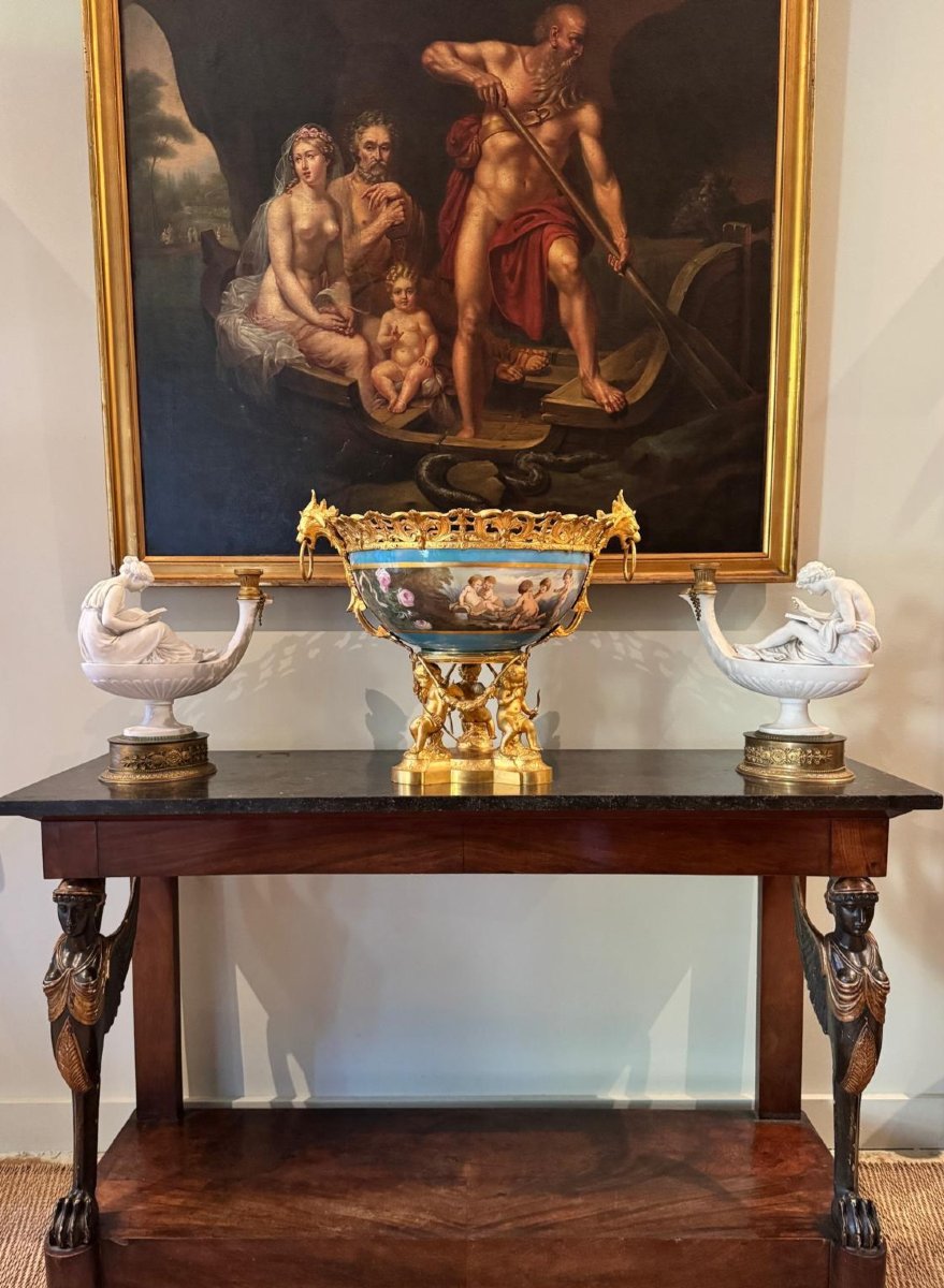 Imposante Coupe Centre De Table En Porcelaine et Bronze Doré, XIXème Siècle.-photo-8