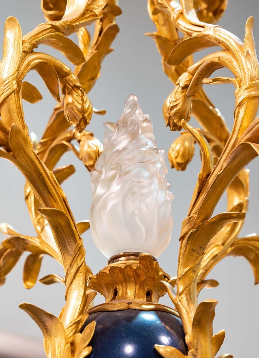 Lustre En Bronze Avec Boule Peinte émaillée Bleu Fin XIXeme -photo-2