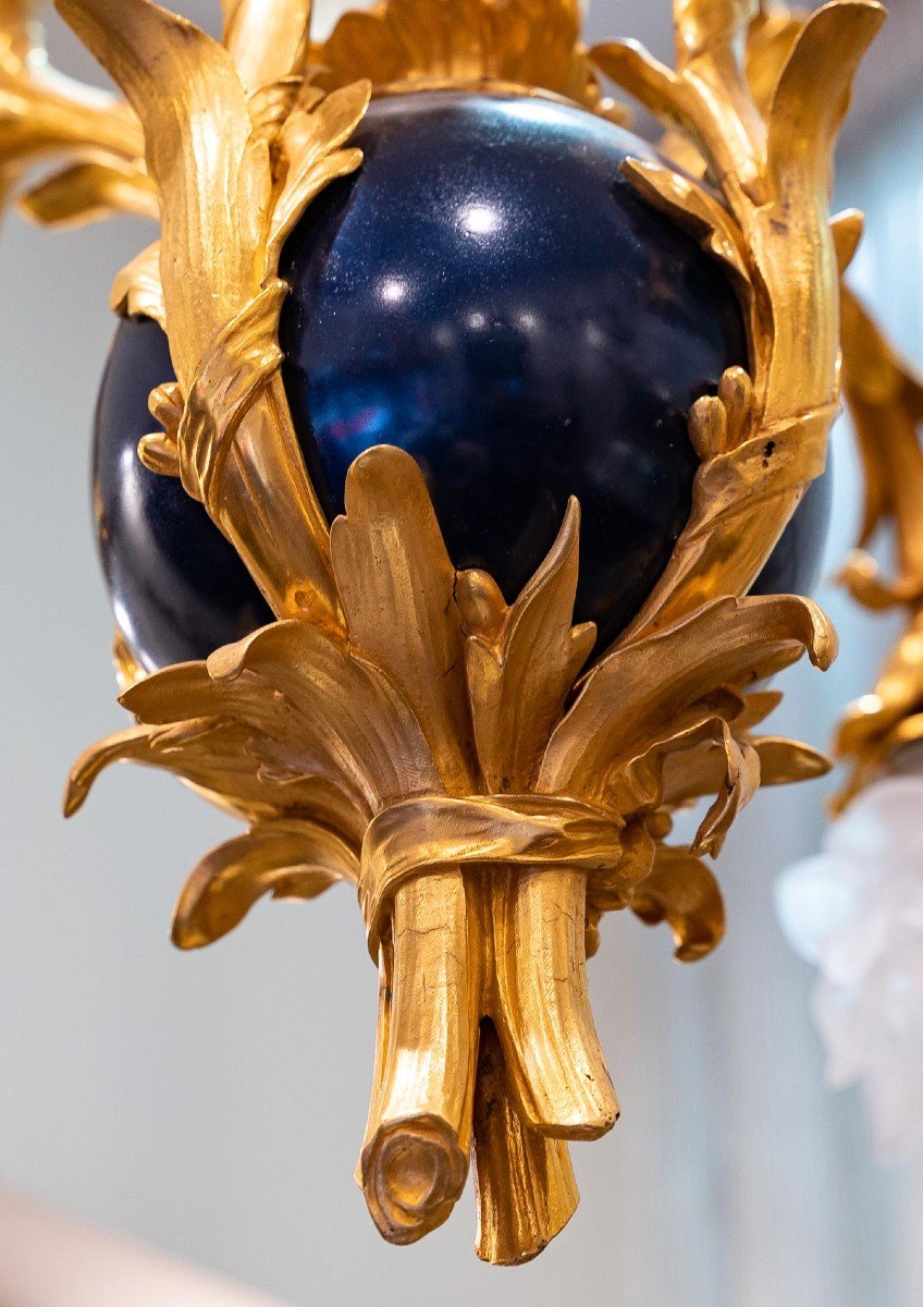 Lustre En Bronze Avec Boule Peinte émaillée Bleu Fin XIXeme -photo-4