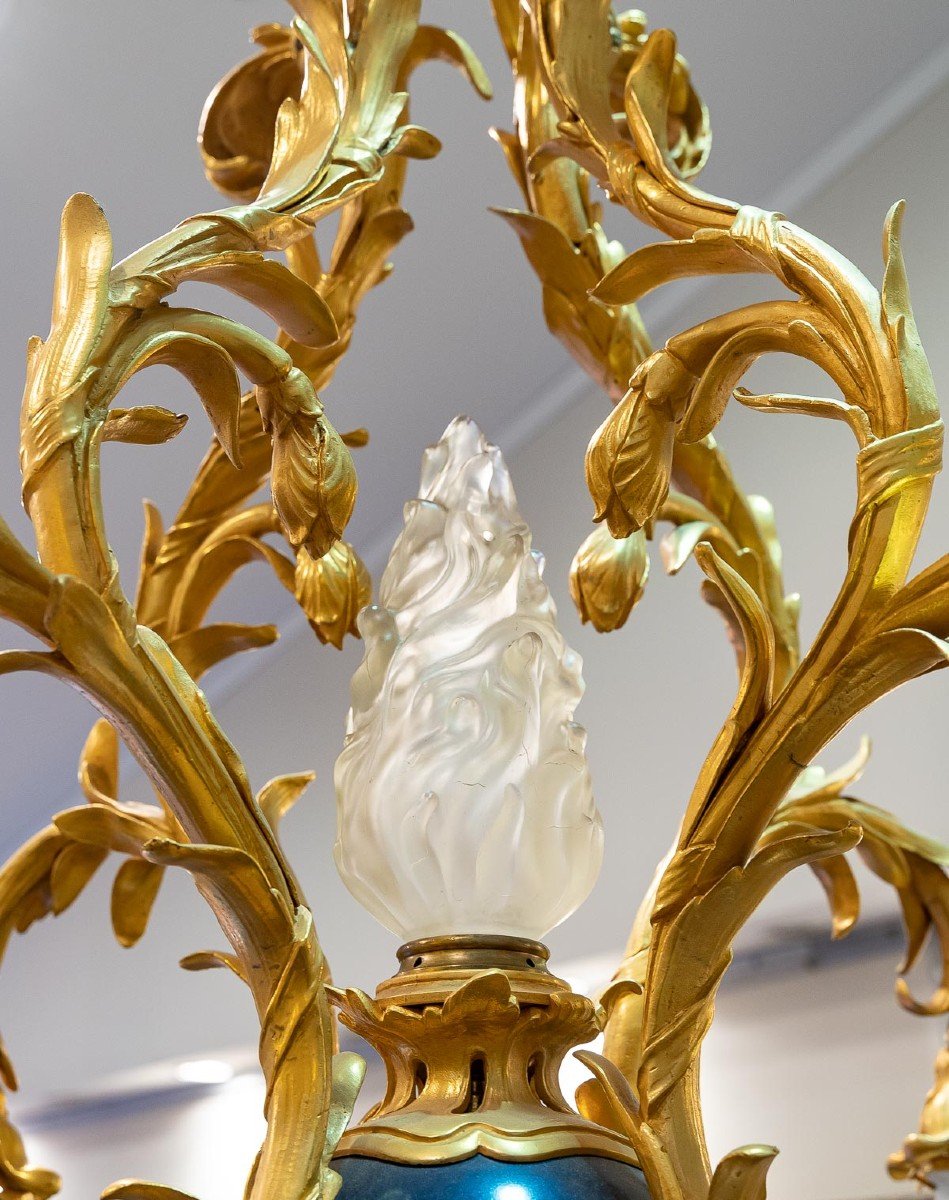 Lustre En Bronze Avec Boule Peinte émaillée Bleu Fin XIXeme -photo-1