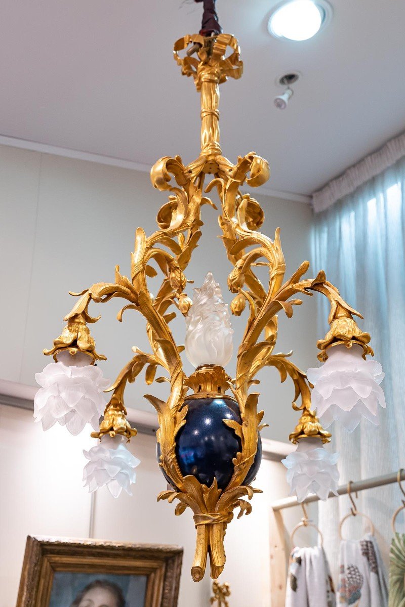 Bronze Chandelier With Blue Enamel Painted Ball Late Nineteenth