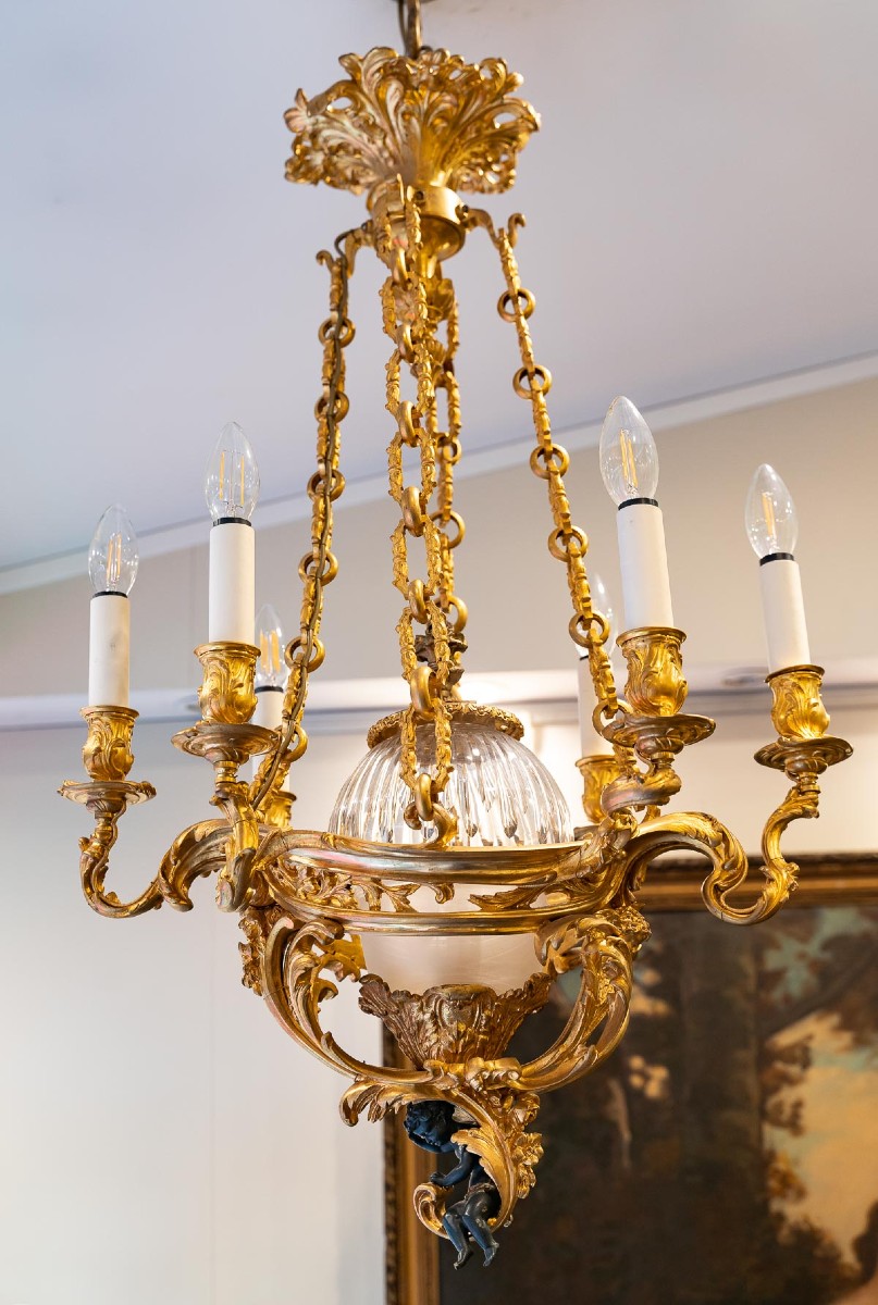 19th Century Bronze And Gilt Crystal Chandelier-photo-4