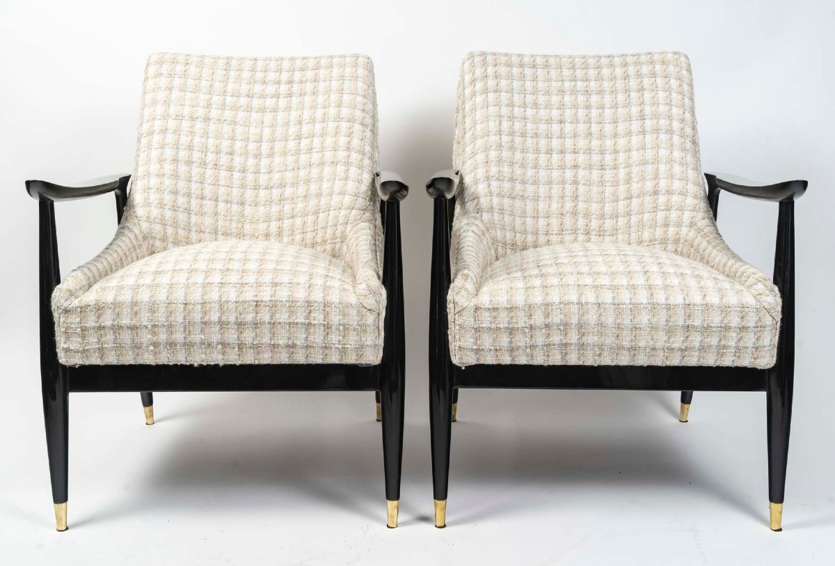 Pair Of Armchairs In Black Lacquered And Varnished Wood-photo-4