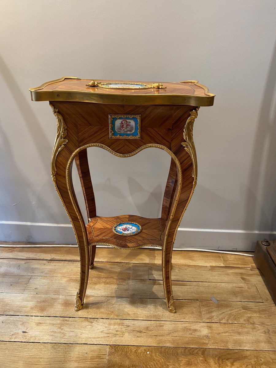 Worker Table In Rosewood And Gilt Bronze, And Tahan Porcelain Plates-photo-4