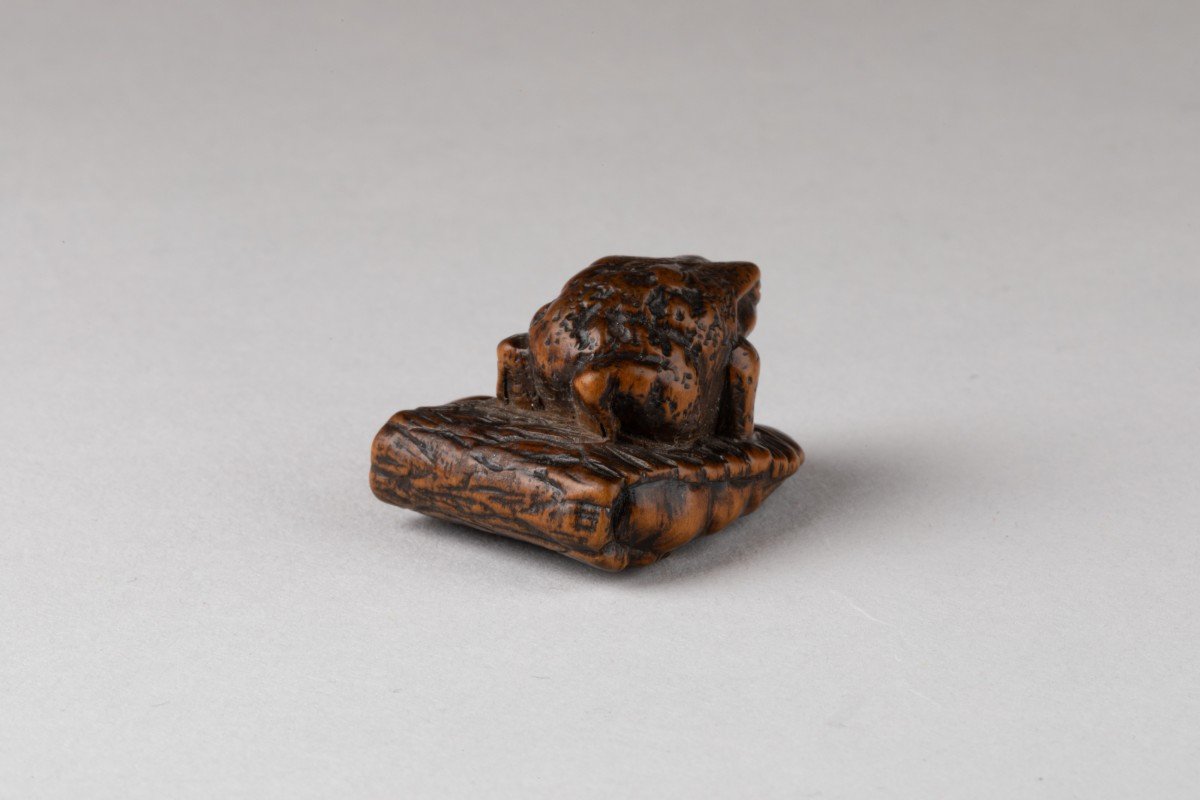 Netsuke – Small Carved Wooden Model Of A Toad, Sitting On An Abandoned Waraji. Japan Edo-photo-4