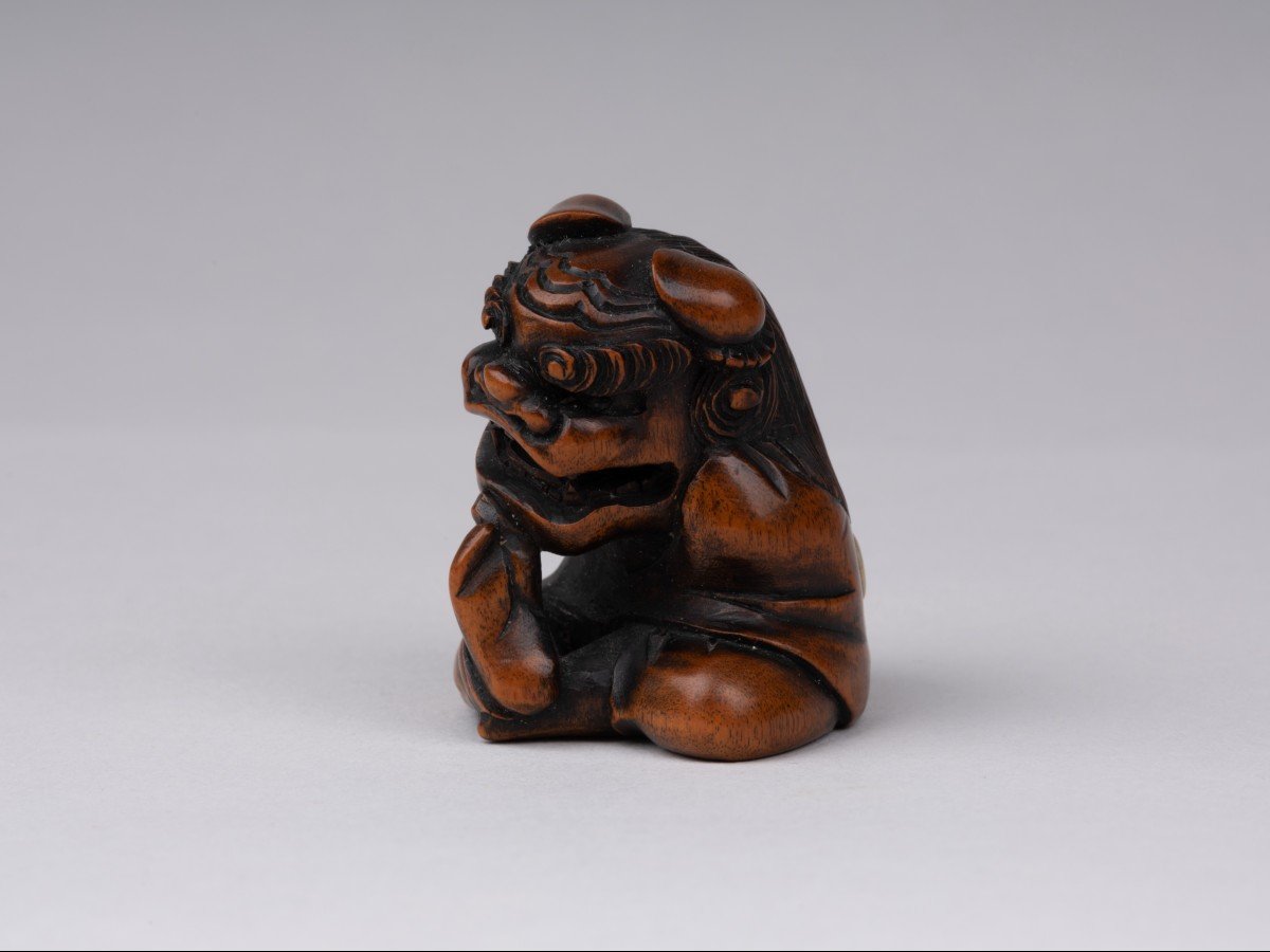 Netsuke En Bois Sculpté Par Sukeyuki - Danseur De Shishimaï. Japon Edo-photo-3