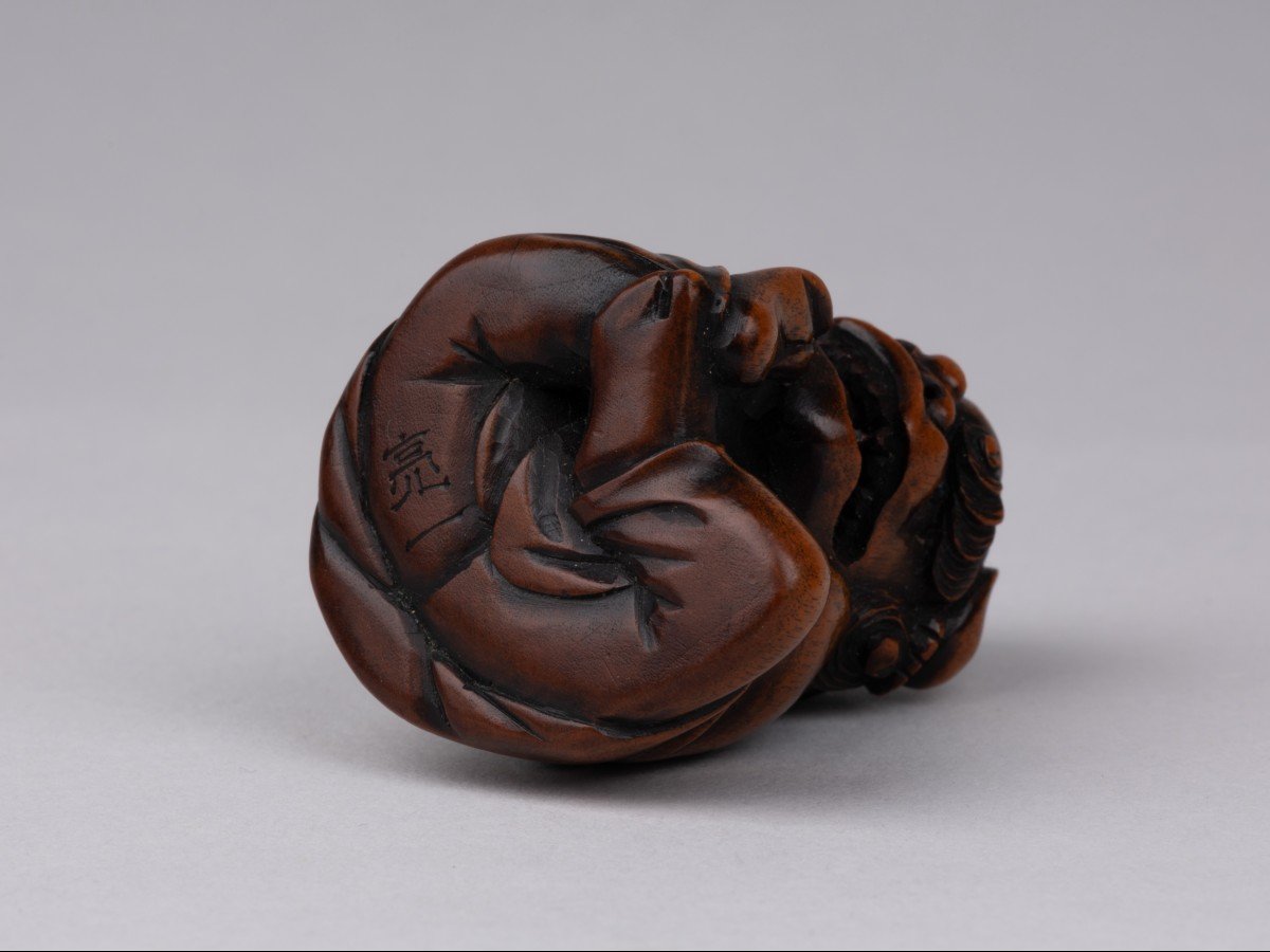 Netsuke En Bois Sculpté Par Sukeyuki - Danseur De Shishimaï. Japon Edo-photo-1