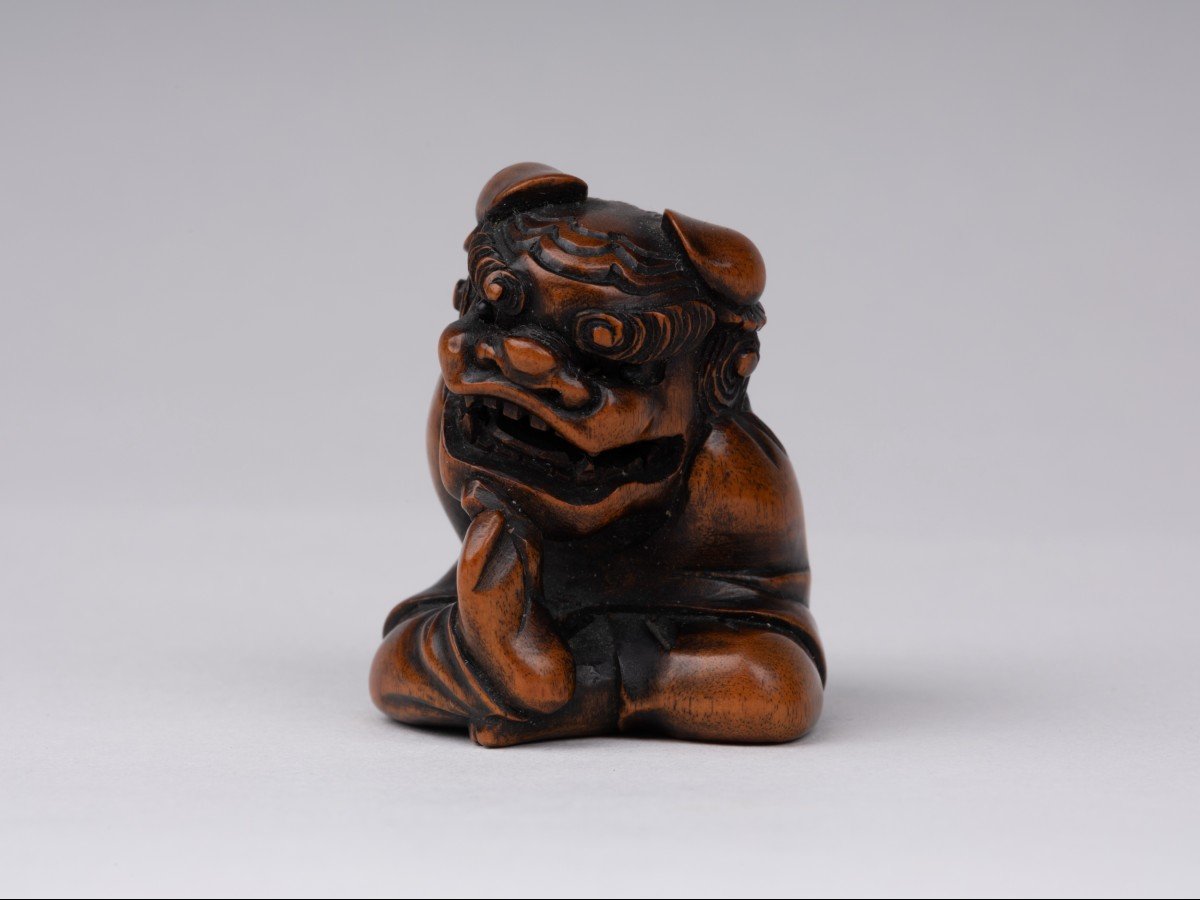Netsuke En Bois Sculpté Par Sukeyuki - Danseur De Shishimaï. Japon Edo-photo-2