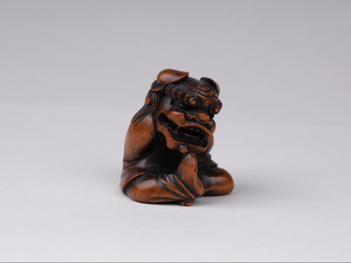 Netsuke En Bois Sculpté Par Sukeyuki - Danseur De Shishimaï. Japon Edo