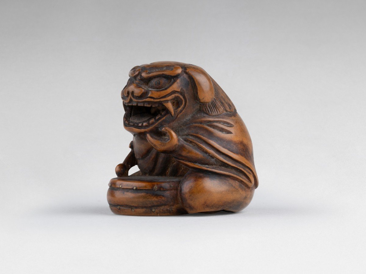 Netsuke Par Sansho – Shishimaï. En Bois Sculpté. Japon Edo-photo-3