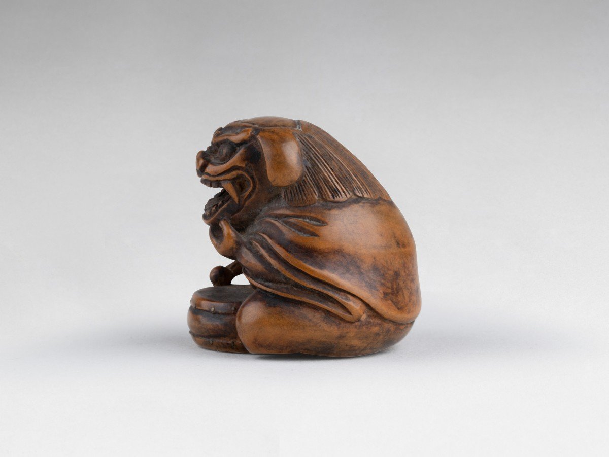 Netsuke Par Sansho – Shishimaï. En Bois Sculpté. Japon Edo-photo-4
