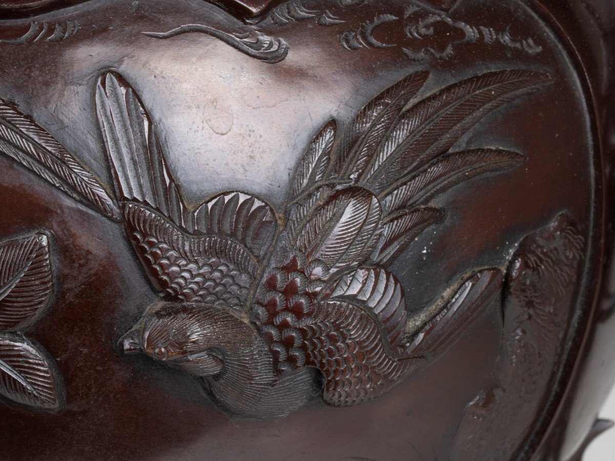 Bronze Incense Burner / Censer – Koro Decorated With Birds And A Large Shishi Japan-photo-2