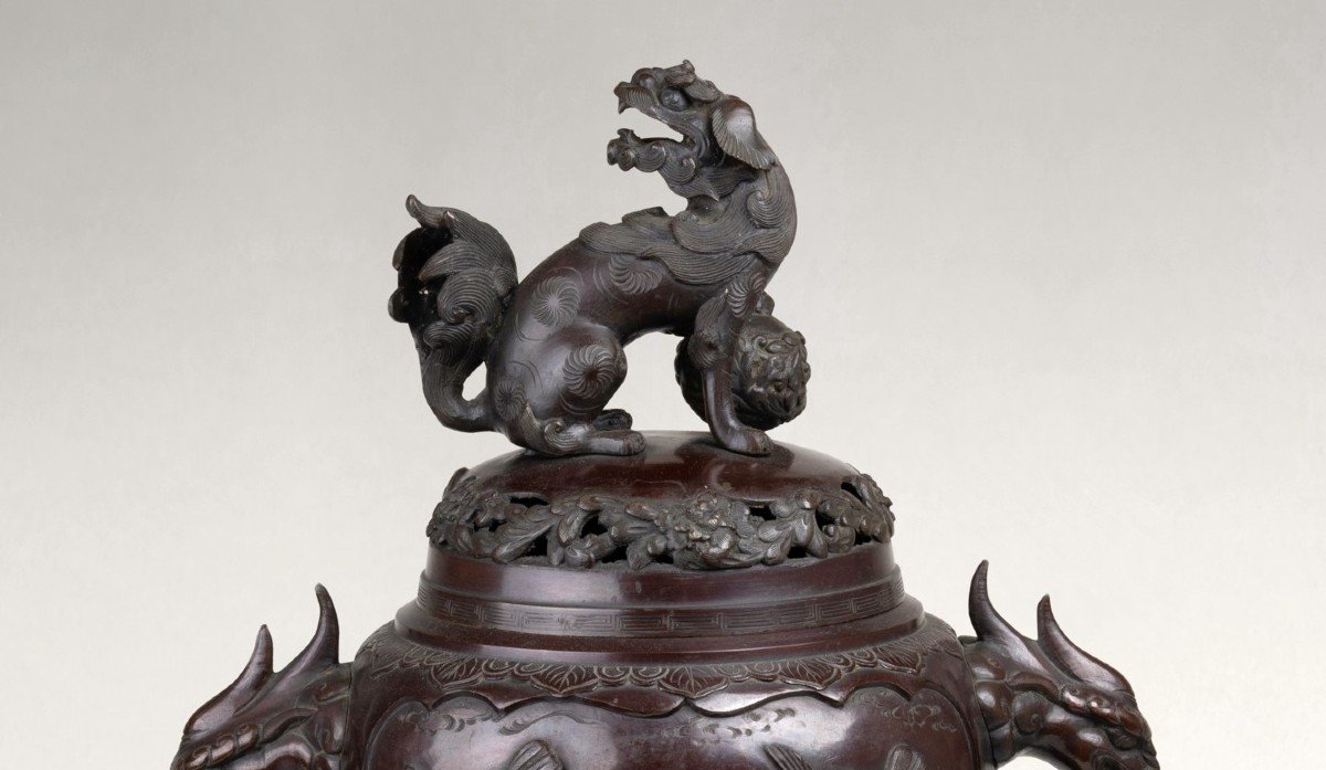 Bronze Incense Burner / Censer – Koro Decorated With Birds And A Large Shishi Japan-photo-3