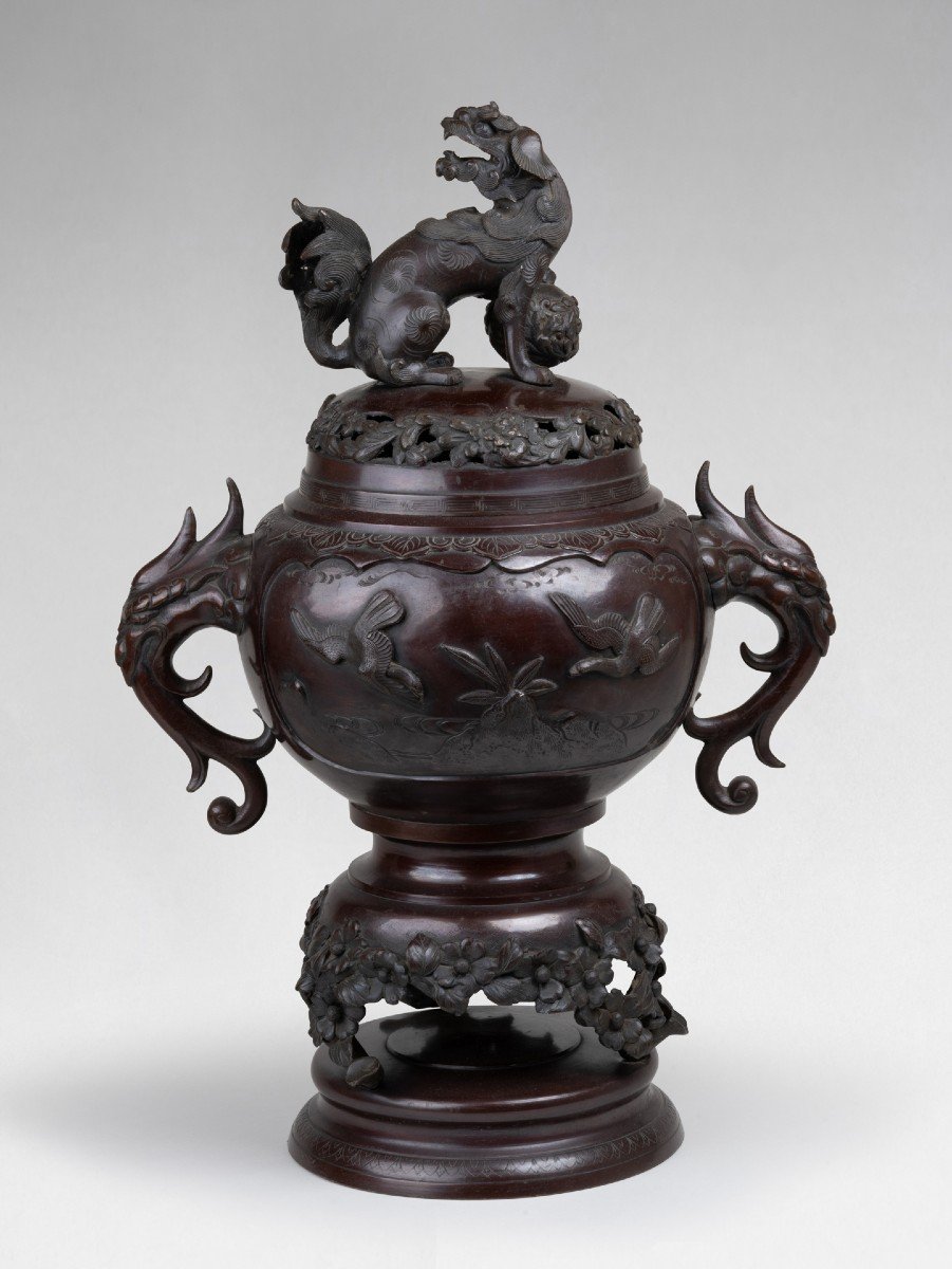 Bronze Incense Burner / Censer – Koro Decorated With Birds And A Large Shishi Japan
