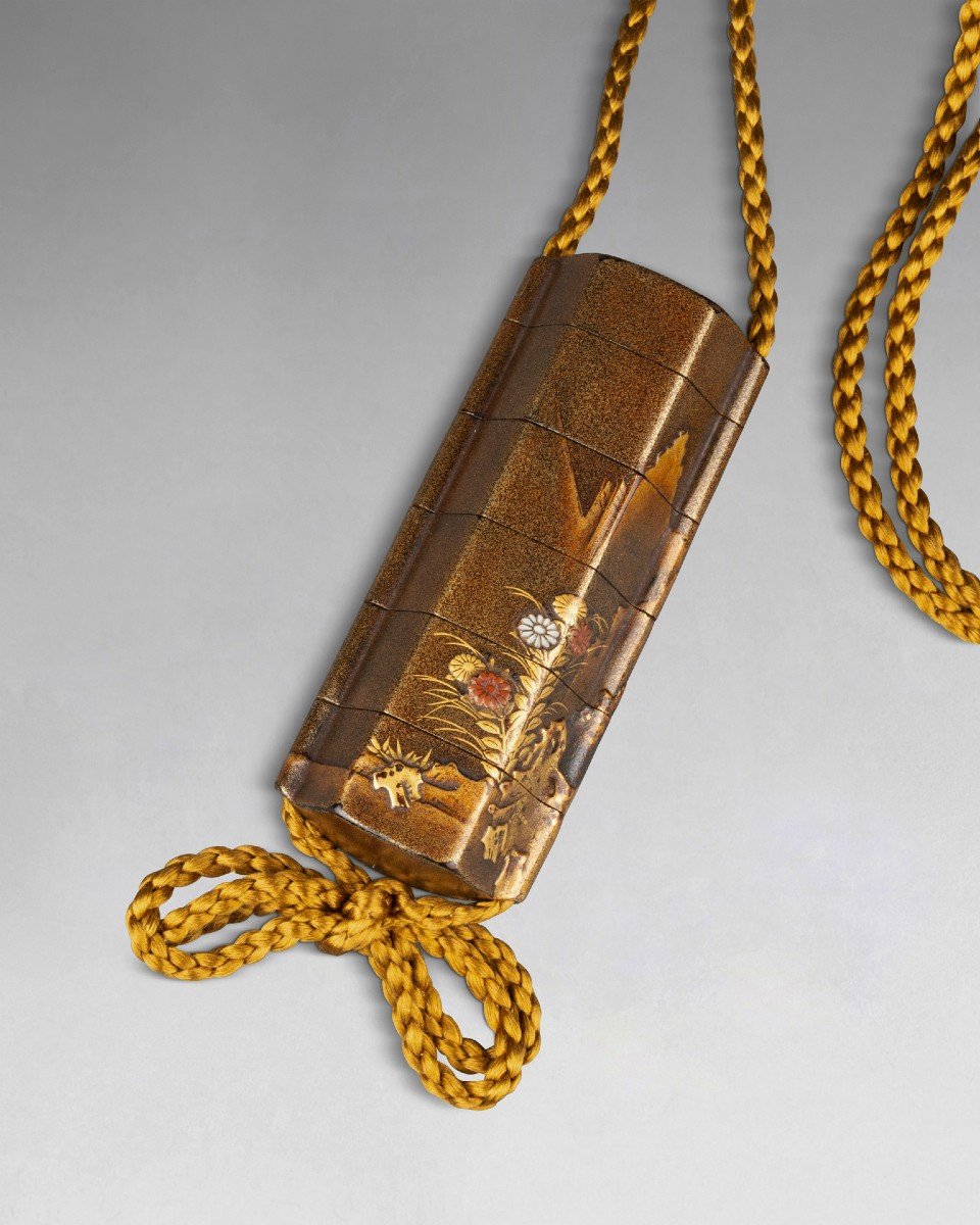 Small Inro Of Hexagonal Shape In Gold Lacquer Urushi Japan Edo-photo-3