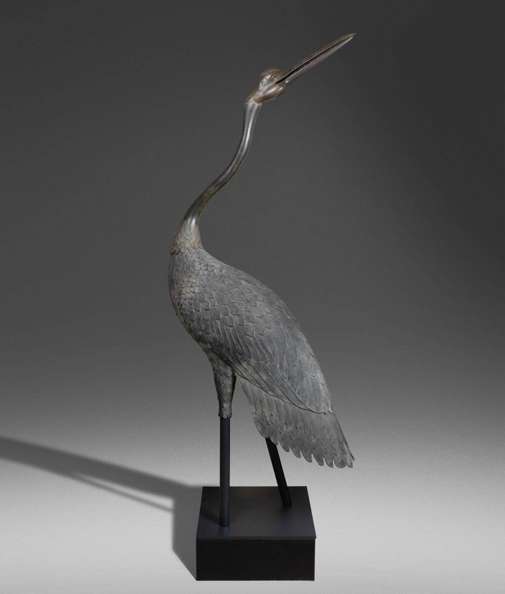 Sculpture - Rare Et Importante Grue En Bronze. Japon Edo