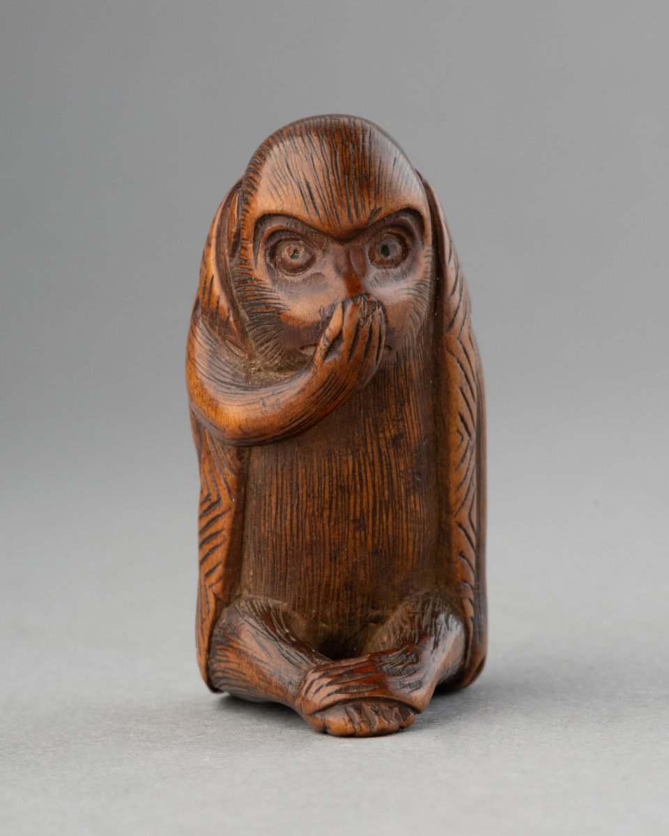 Netsuke – Amusing Model Of A Small Monkey, Depicted Seated. Japan, Late Edo, Early Meiji Period-photo-2