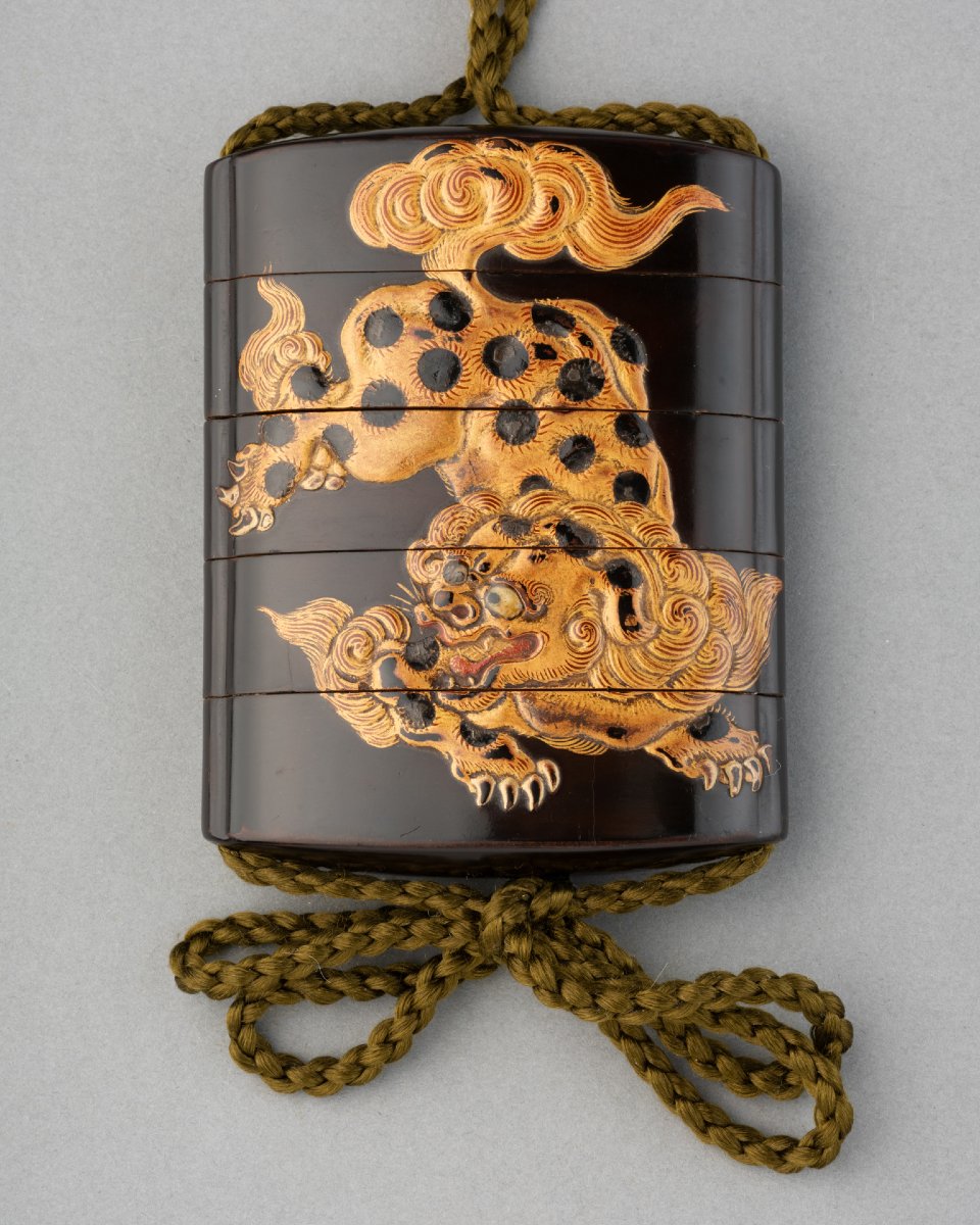 Inro With A Raised Shishi Lacquer Design On A Black Background. Edo Period, Japan