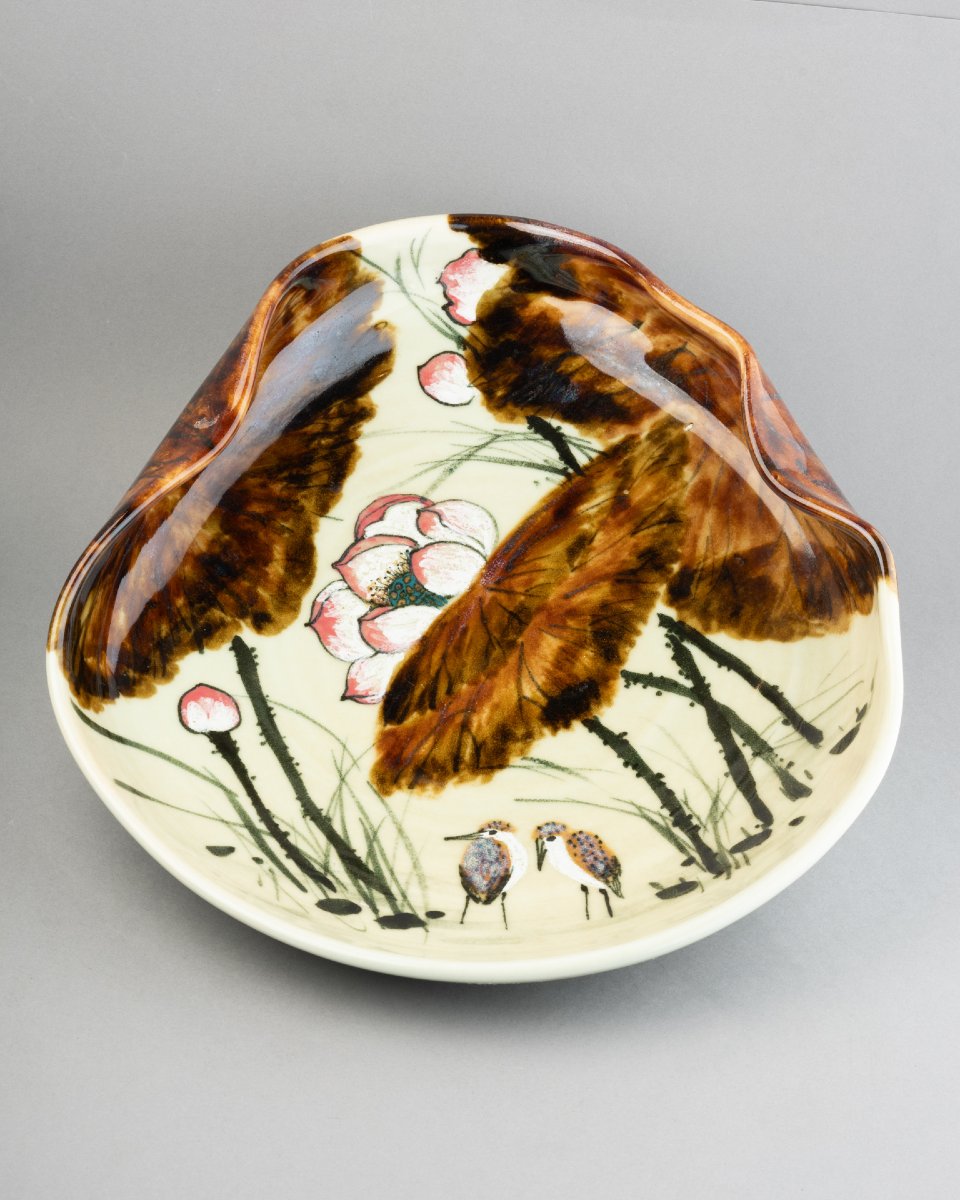 Grand plat en porcelaine Héron et Lotus . Japon-photo-2