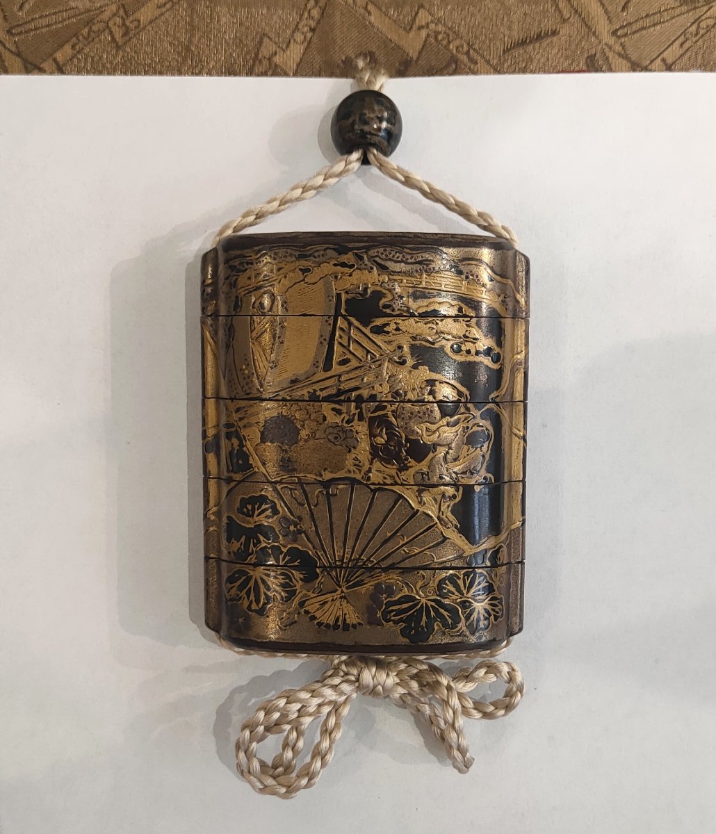 Inro – A Four-compartment Case Decorated With Fans And Figures. Edo Period, Japan-photo-2