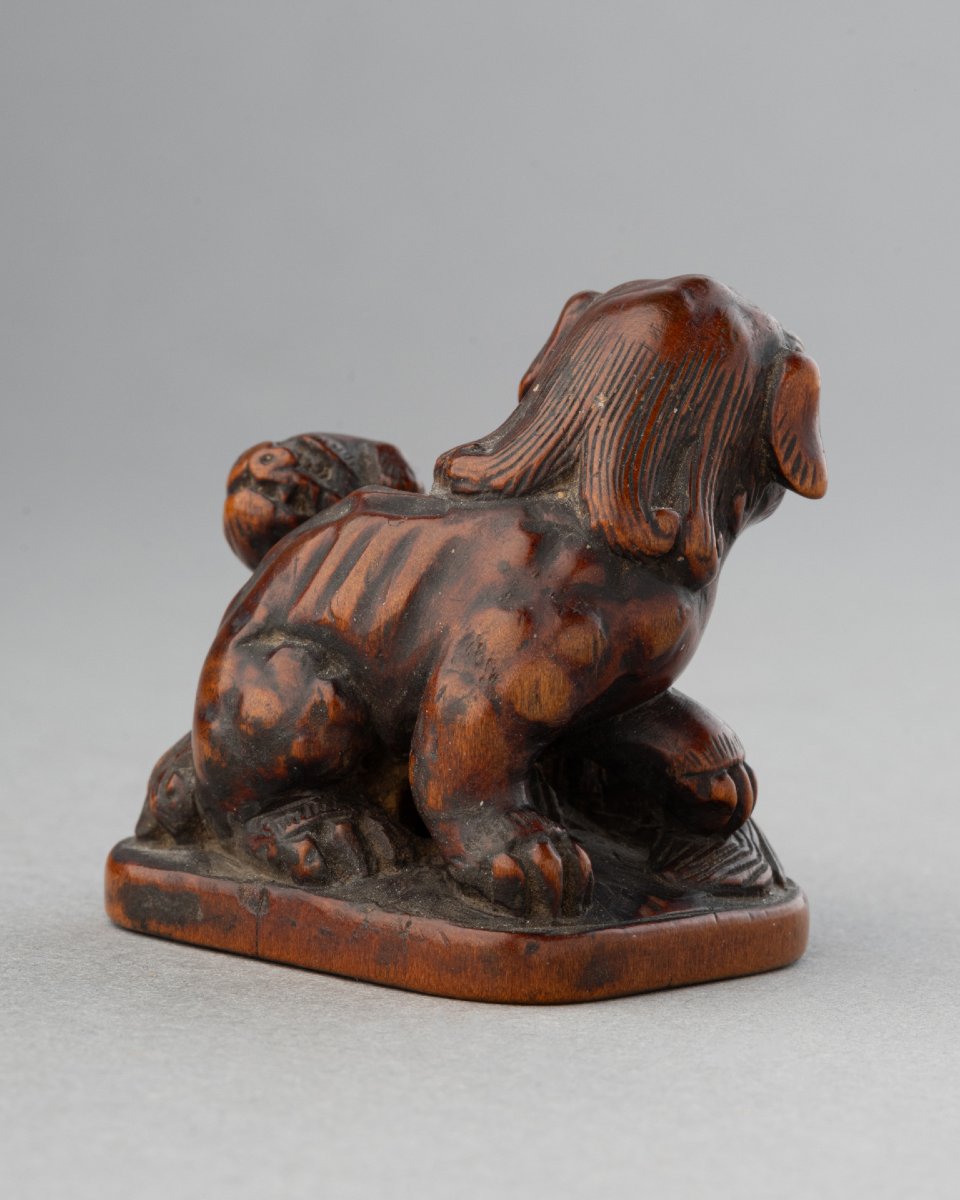 Carved Boxwood Netsuke Depicting Two Shishi, Edo Period, Japan-photo-3