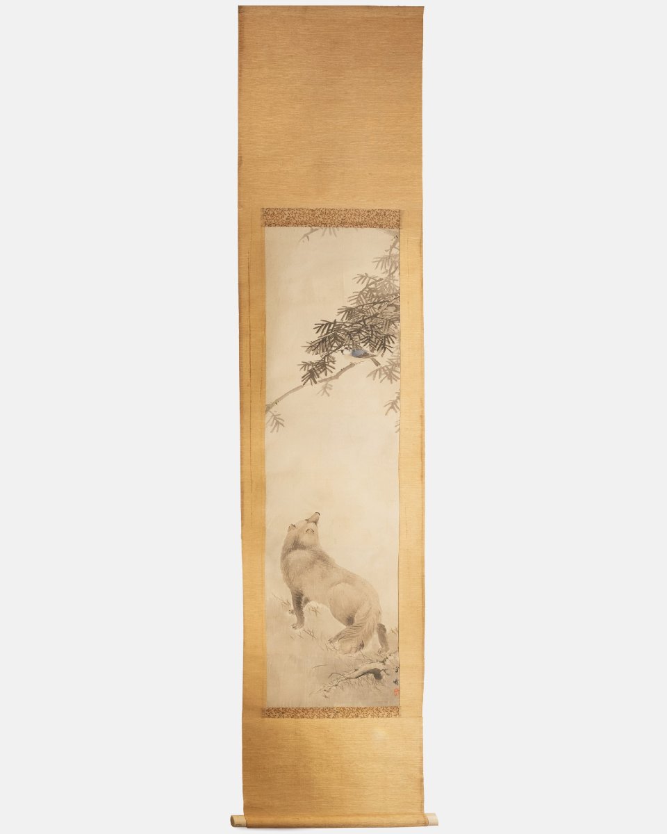 Kakejiku By Furuichi Kinga, Ink Painting: Tanuki Watching A Bird. Edo Period, Japan-photo-2