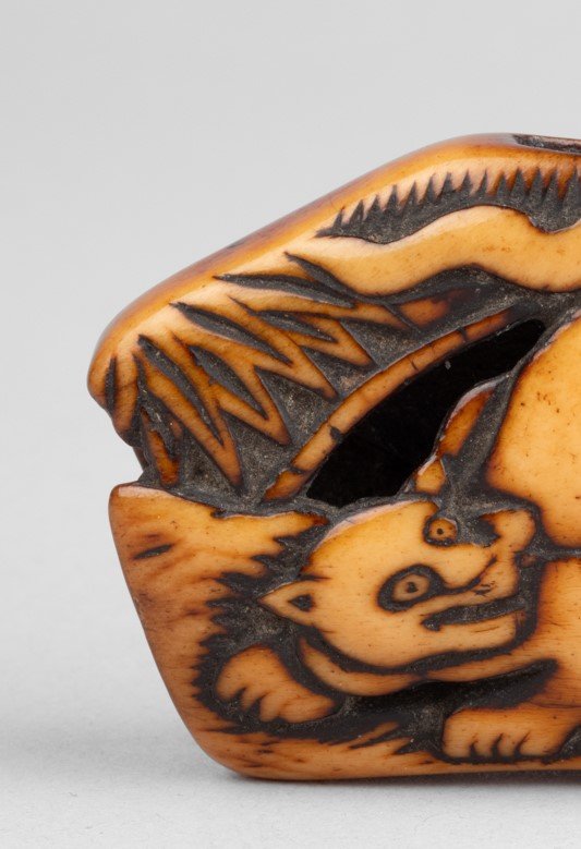 Netsuke en corne de cerf sculpté représentant un tigre parmi les bambous. Japon Edo, Meiji-photo-2