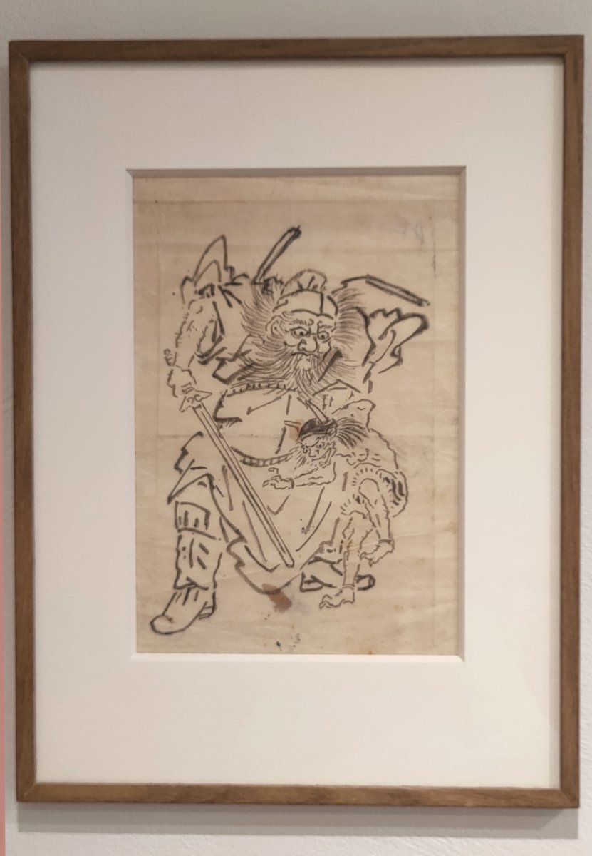 Dessin à l’encre noire sur papier représentant Shoki et Oni. Japon Edo, Début Meiji-photo-4