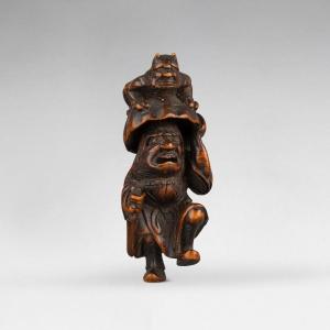 Netsuke En Buis Représentant Shoki Et Oni. Japon 19 Edo